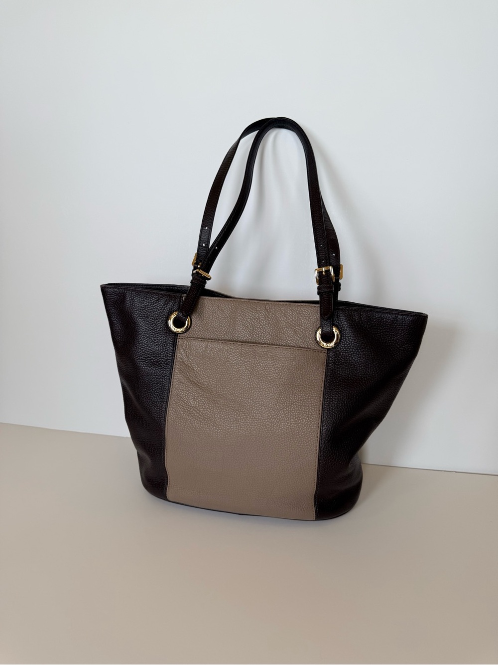 Michael Kors Two-Tone Leather Tote Bag in Taupe and Dark Brown